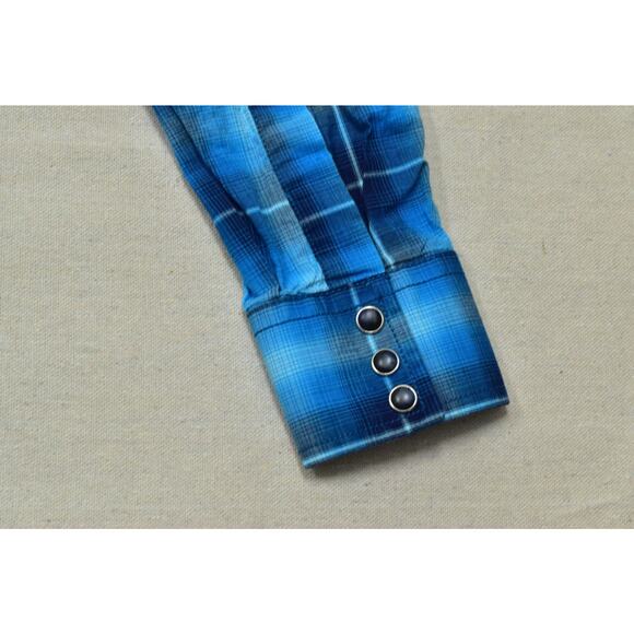 Women's Wrangler Button Tops Size L Long Sleeve Western Plaid Blue Pearl Snap - Picture 5 of 8